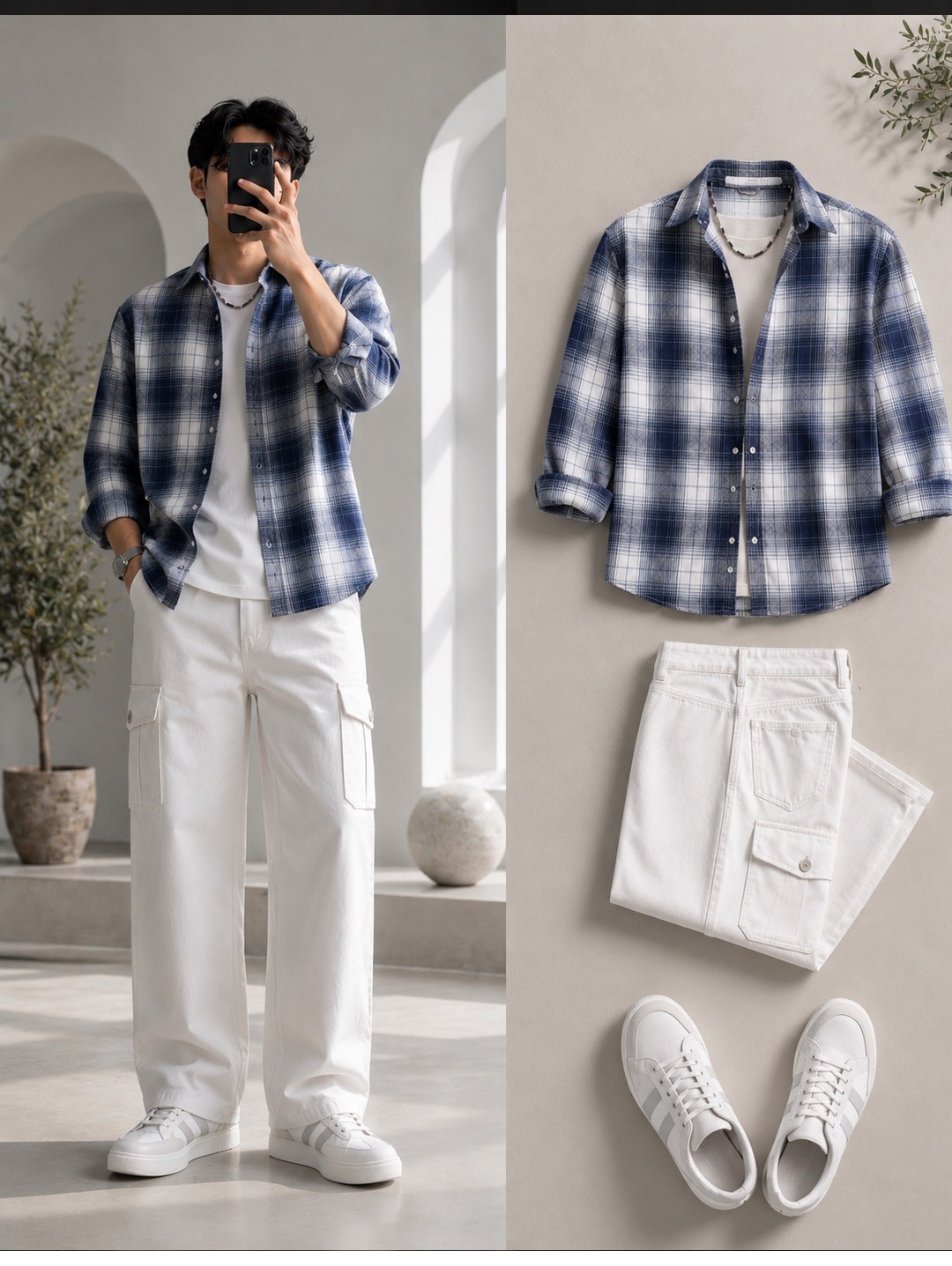  Navy Blue Plaid Flannel Shirt + Wide-Leg White Cargo Pants Set