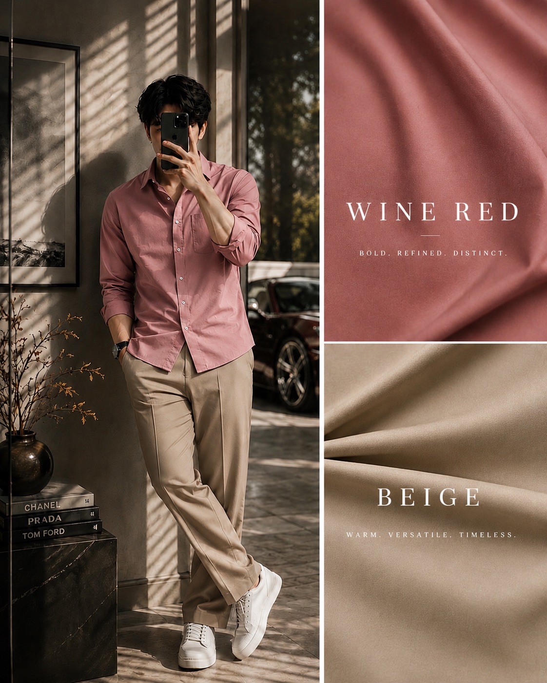  Wine Red Oxford Shirt + Beige Wide-Leg Trousers + White Sneakers