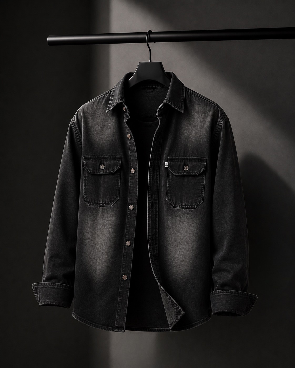  Washed Black Star Jacquard Dual Pocket Denim Overshirt