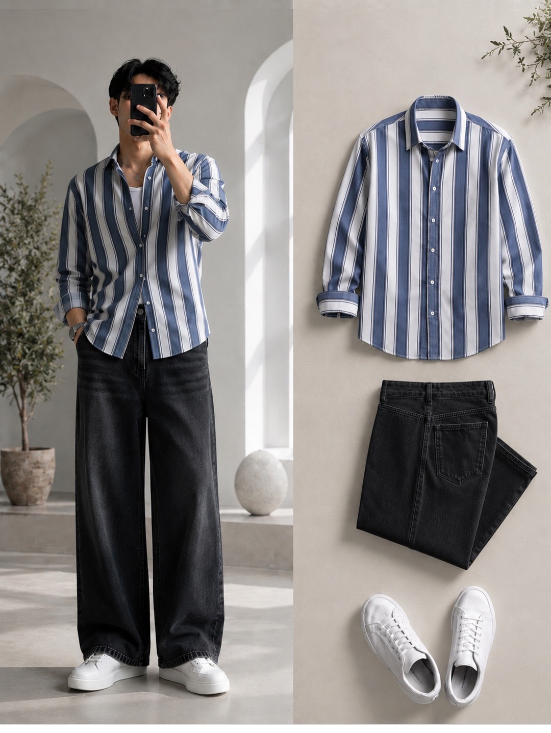 Blue Bold Stripe Shirt + Wide-Leg Black Jeans Set