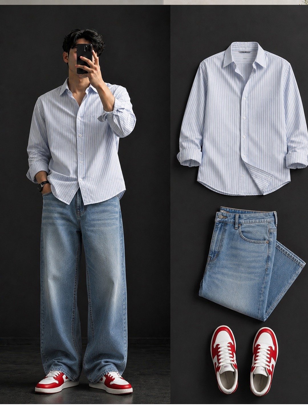  White Pinstripe Shirt + Wide-Leg Light Wash Jeans Set