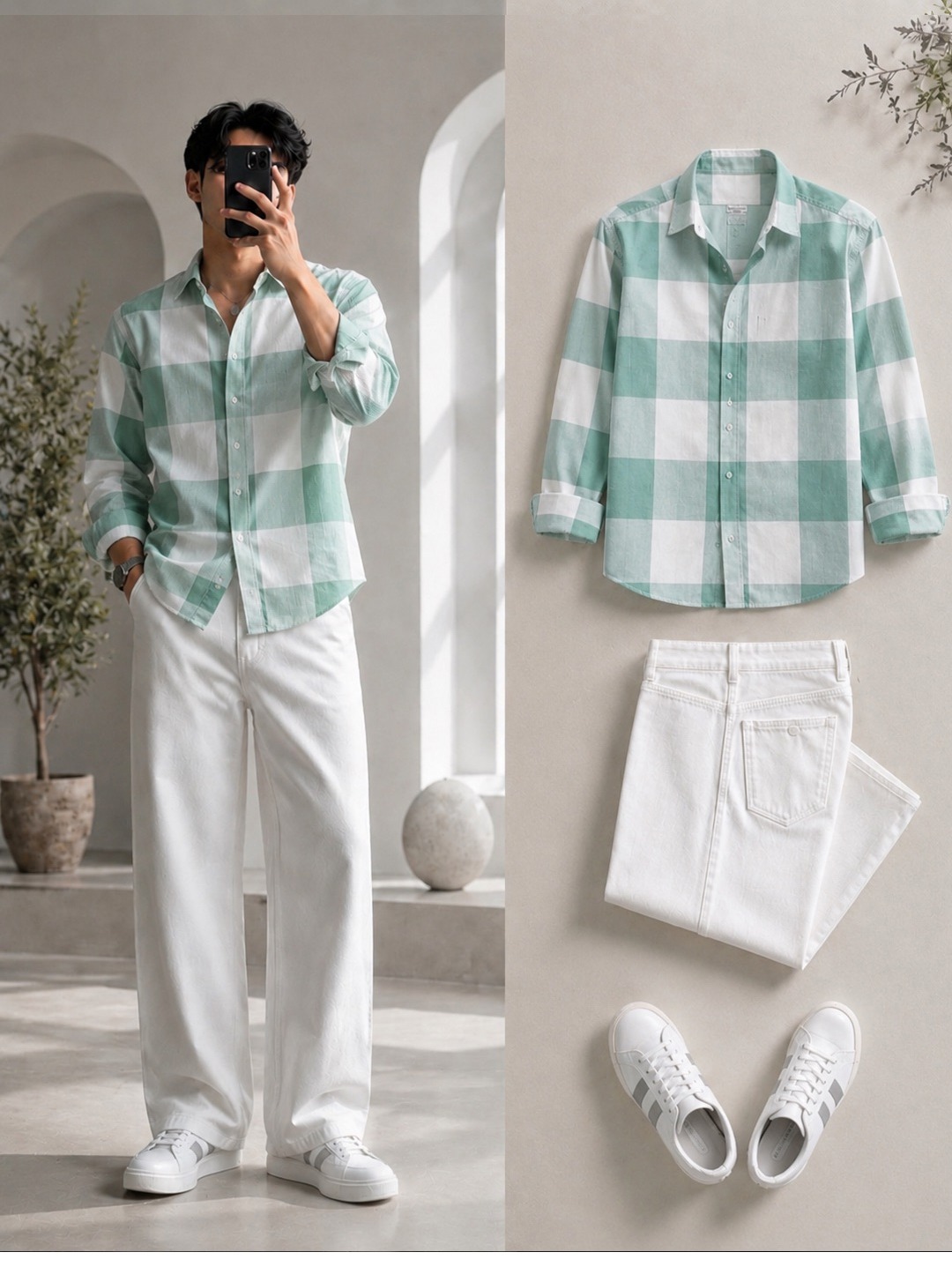 Mint Green Buffalo Check Shirt + Wide-Leg White Jeans Set
