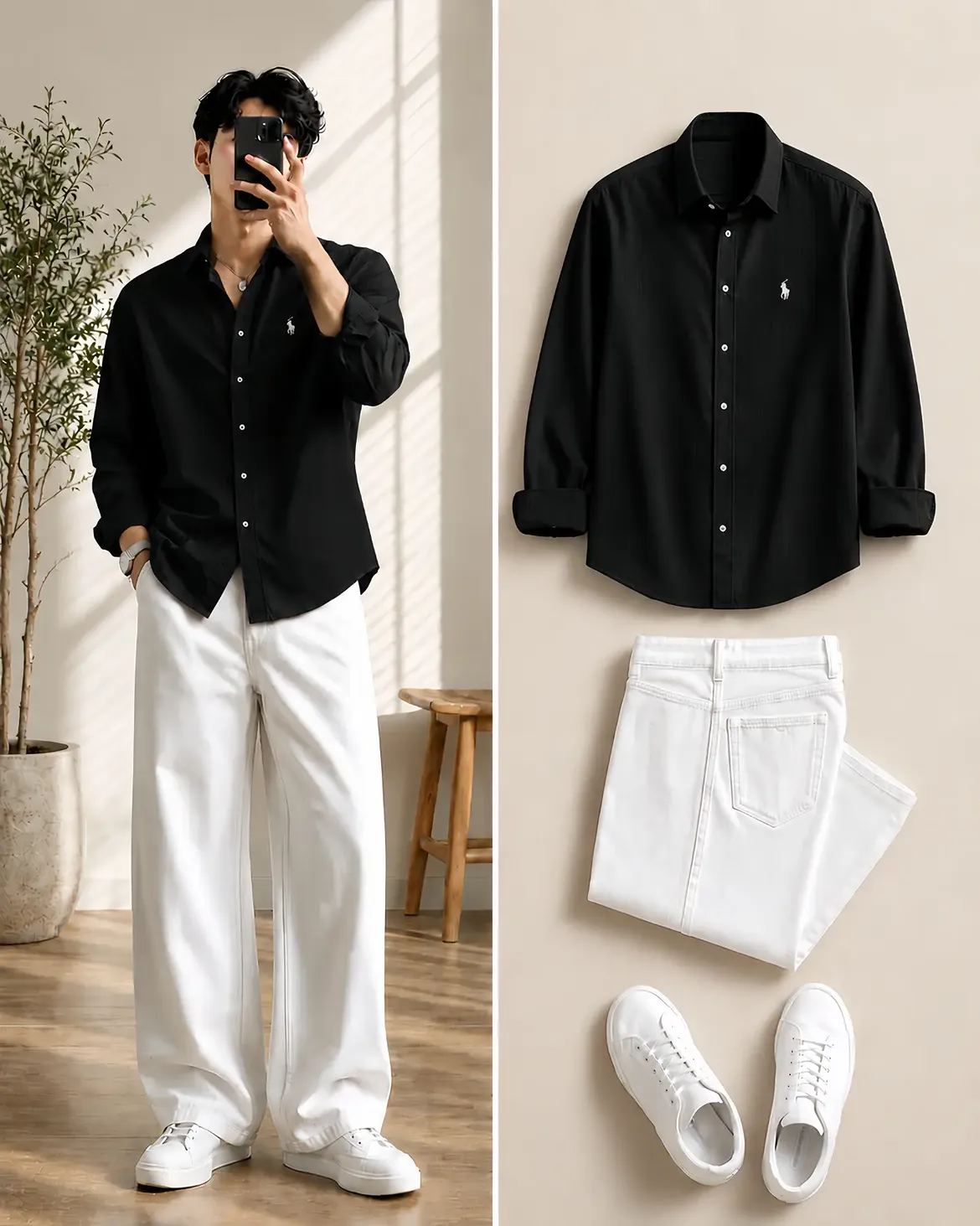 The Clean Contrast Lookbook Set — Polo Ralph Lauren Oxford Shirt + White Wide-Leg Jeans + White Sneakers