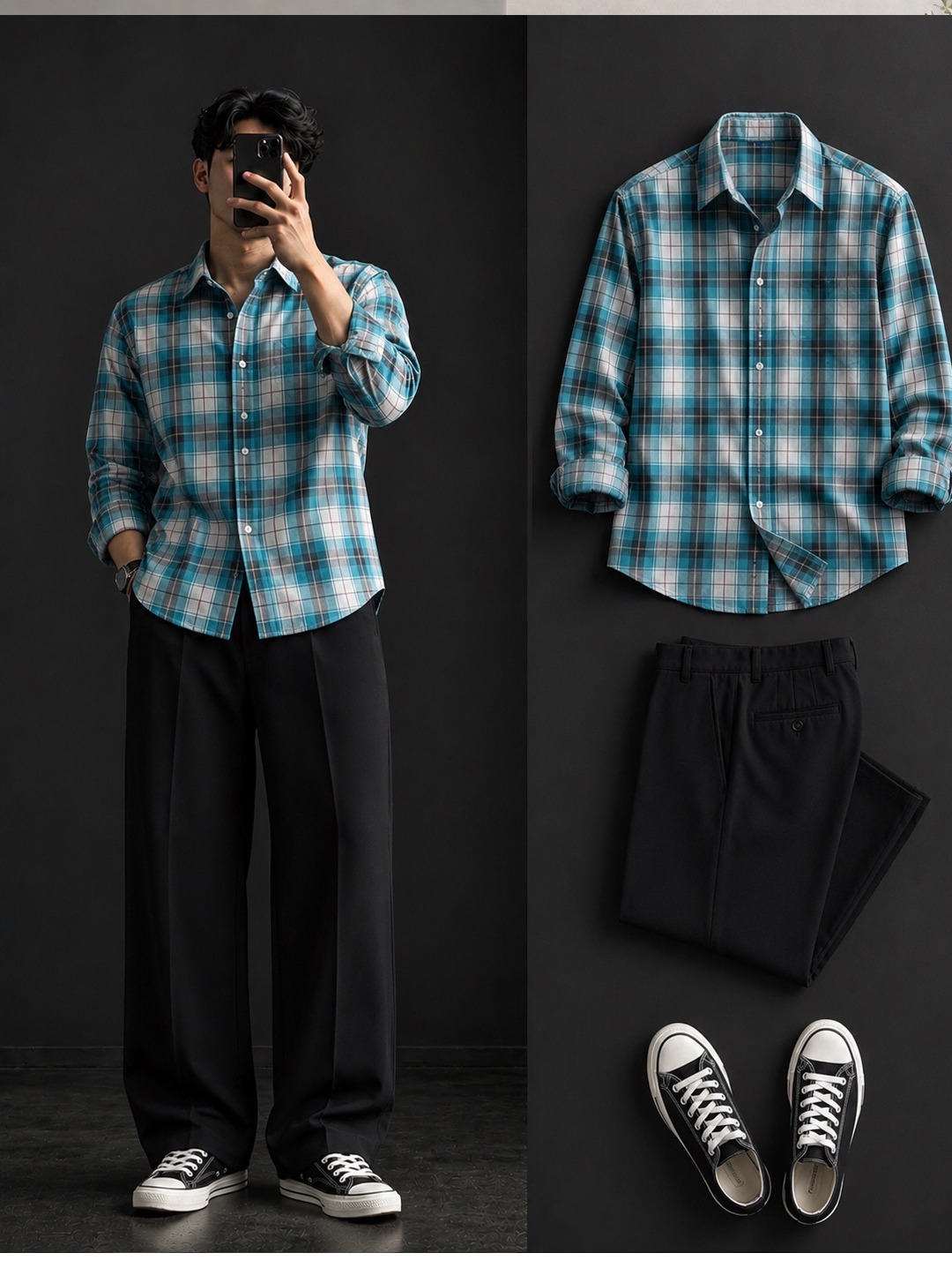 Teal Plaid Shirt + Wide-Leg Black Trousers Set