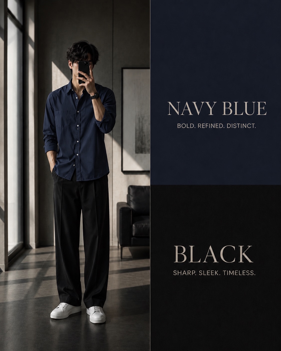  Navy Blue Oxford Shirt + Black Wide-Leg Trousers 