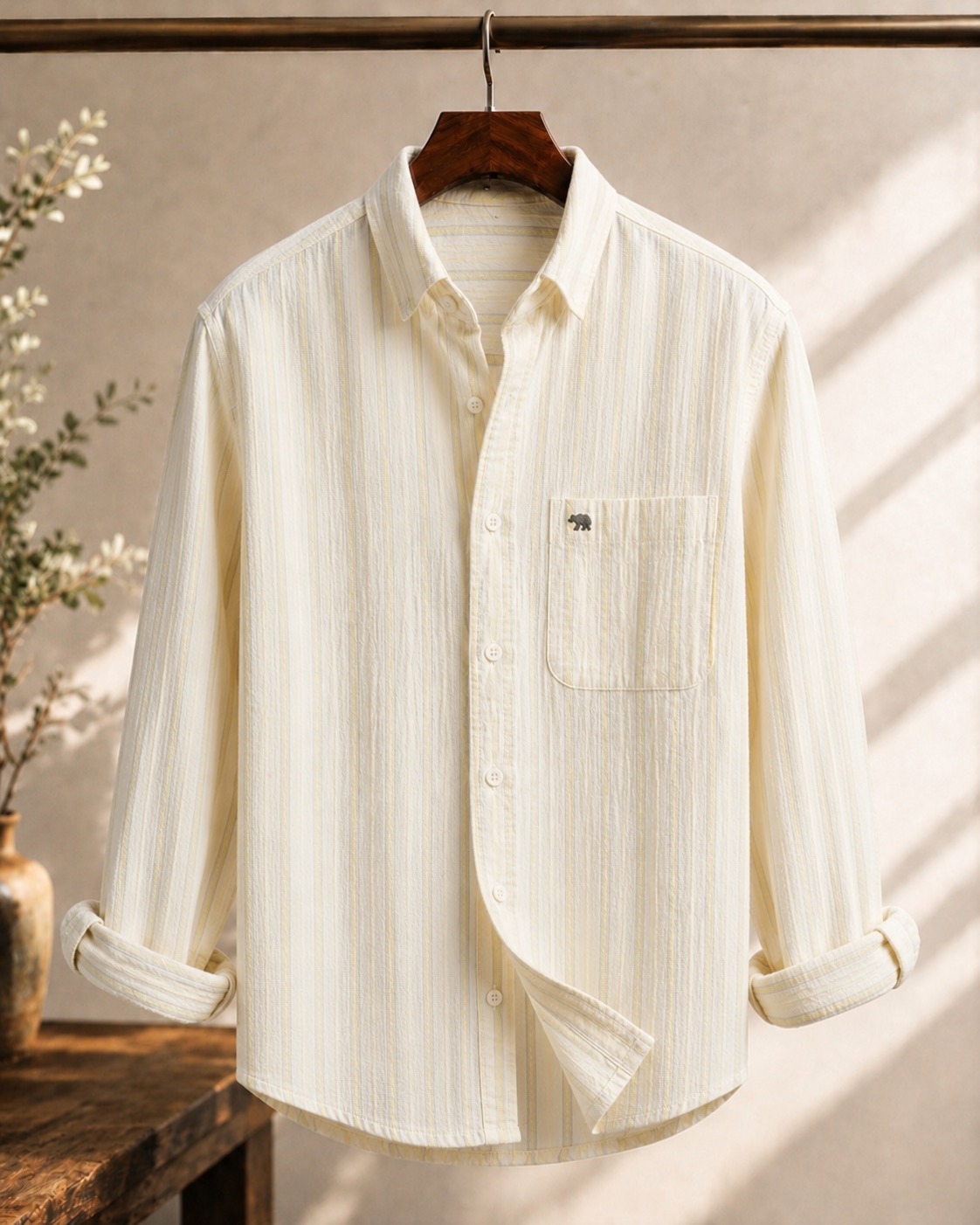 Cream Textured Oxford Shirt — Bear Pocket Embroidery