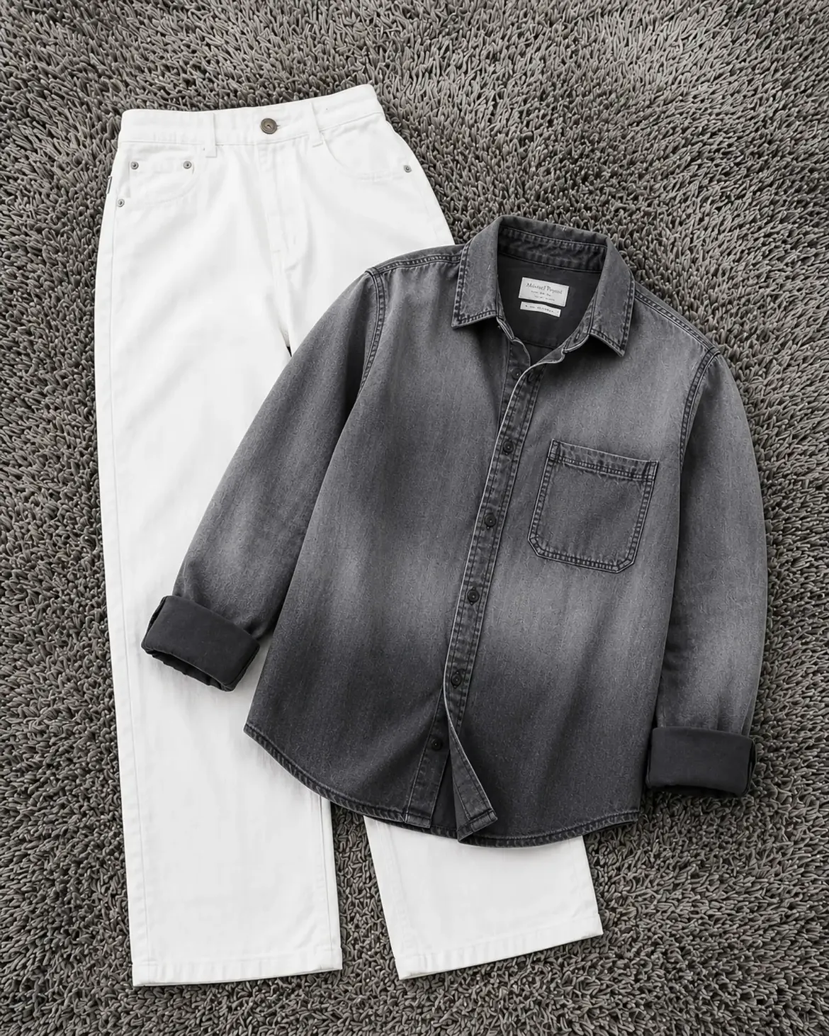  Washed Grey Denim Overshirt + White Wide-Leg Jeans