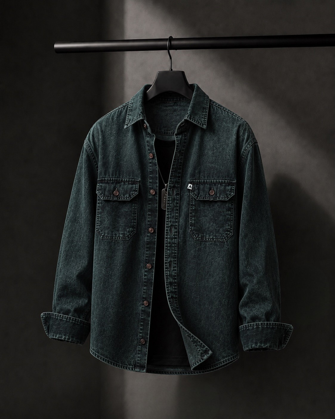 Dark Teal Star Jacquard Dual Pocket Denim Overshirt