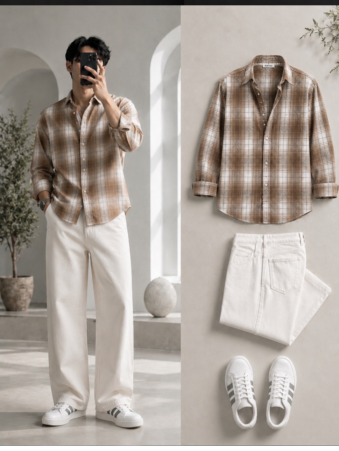 Brown Plaid Flannel Shirt + Wide-Leg Cream Jeans Set