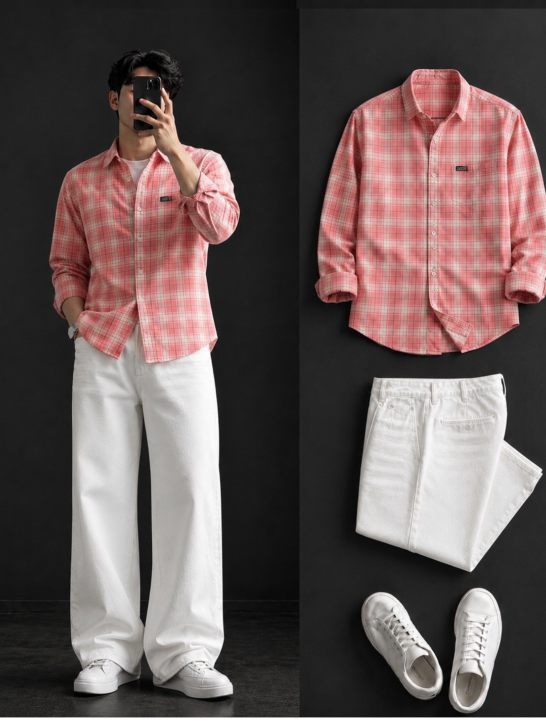 Pink Plaid Shirt + Wide-Leg White Jeans Set