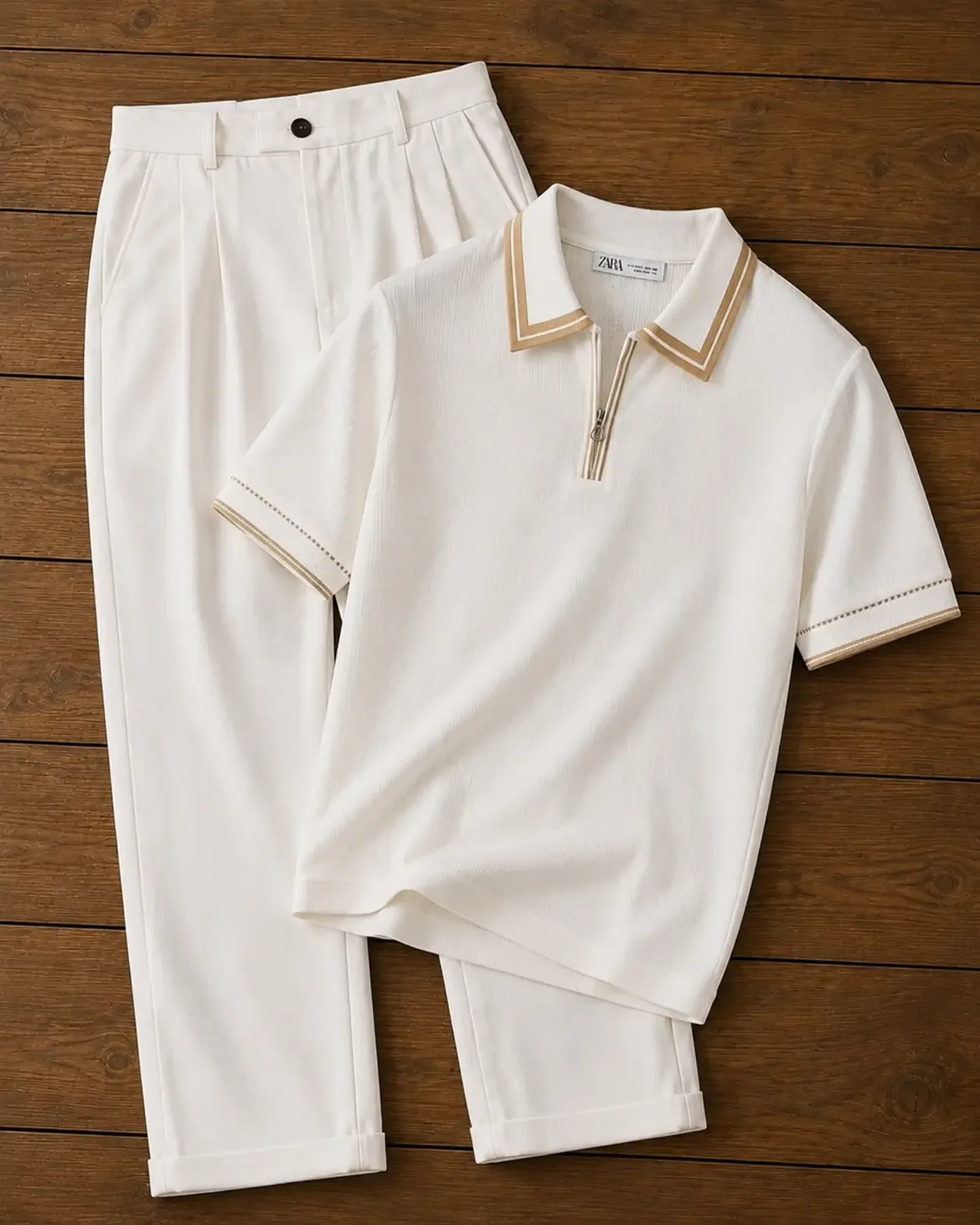 Off-White Zip Polo + Cream Pleated Wide-Leg Trousers — Tonal Monochrome Set