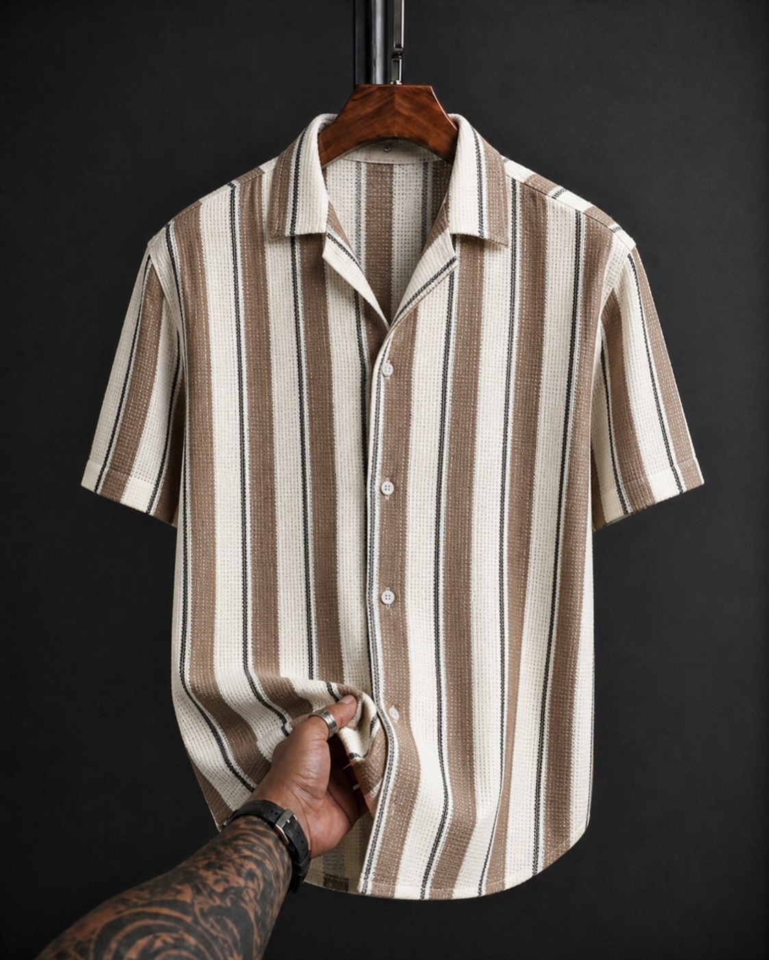 Camel & Cream Woven Stripe Cuban Collar Half Sleeve Shirt