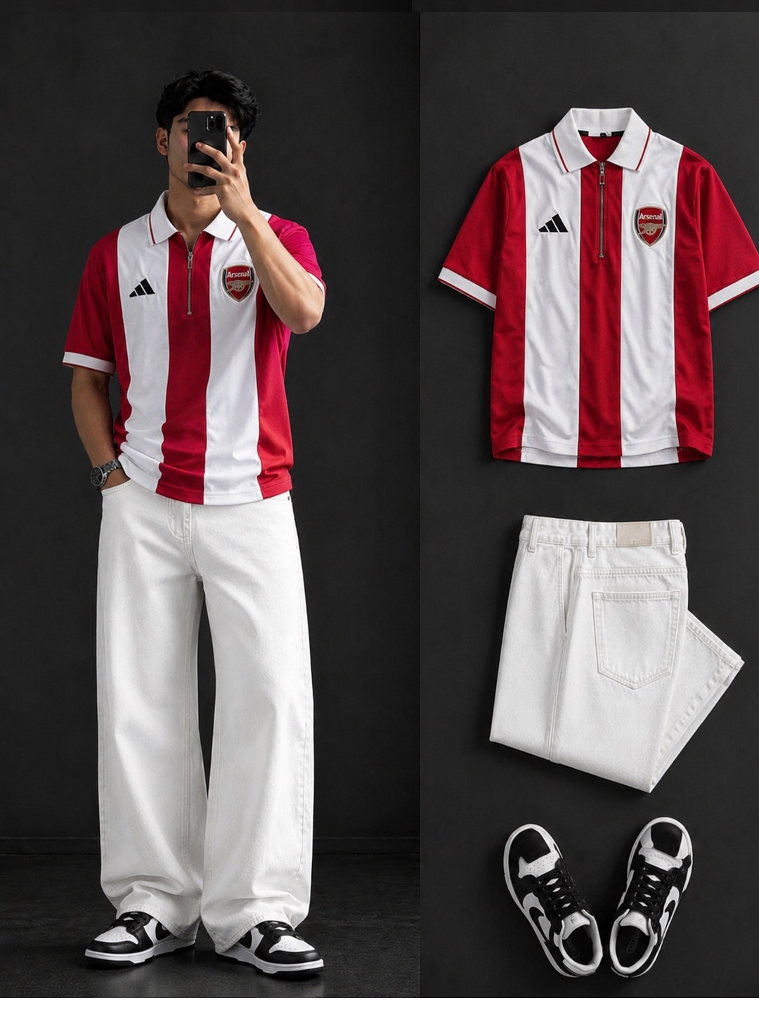 Arsenal Stripe Zip Polo + Wide-Leg White Jeans Set