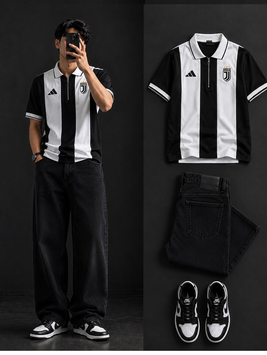  Juventus Stripe Zip Polo + Wide-Leg Black Jeans Set