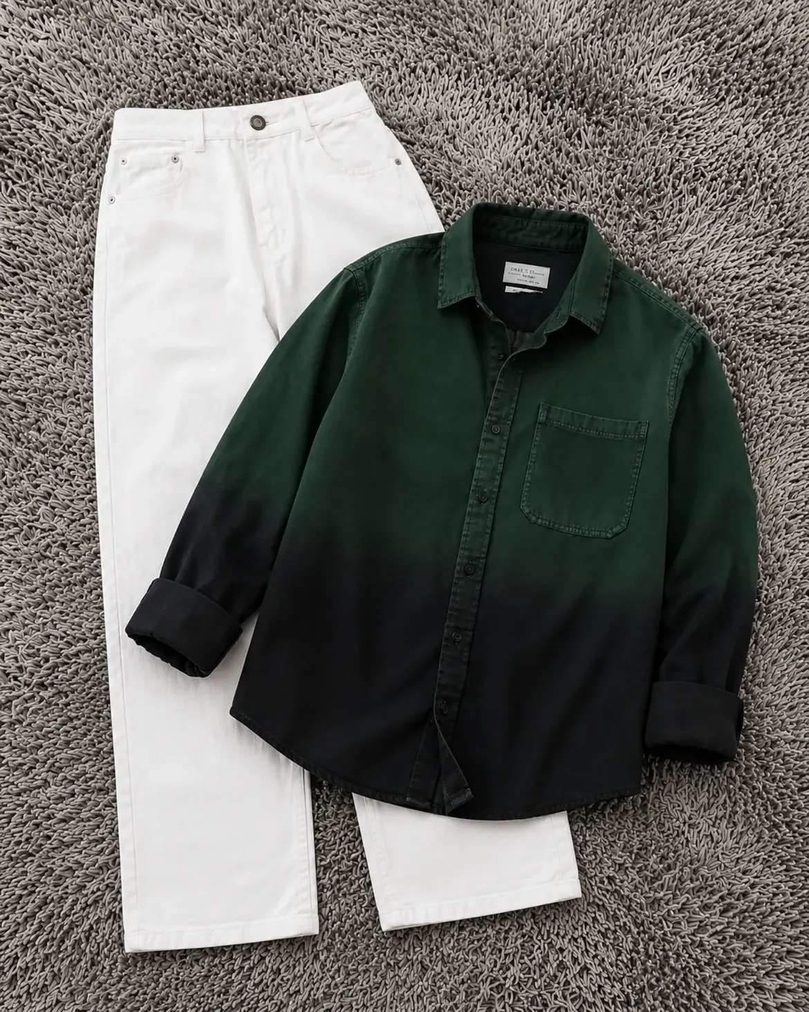 Forest Green-to-Black Ombre Denim Overshirt + White Wide-Leg Jeans