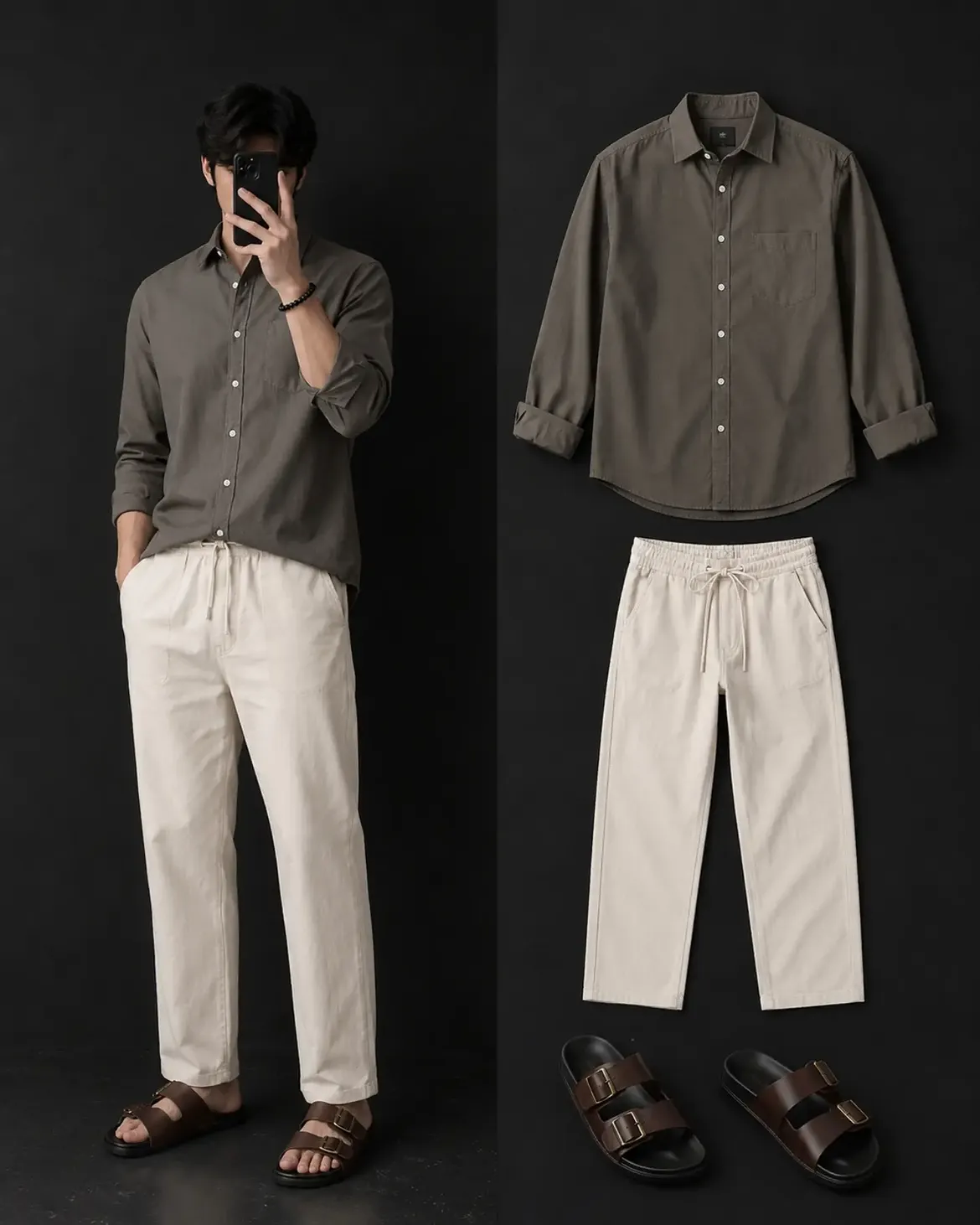 Olive Green Oxford Shirt + Cream Linen Drawstring Trousers + Dark Brown Leather Sandals