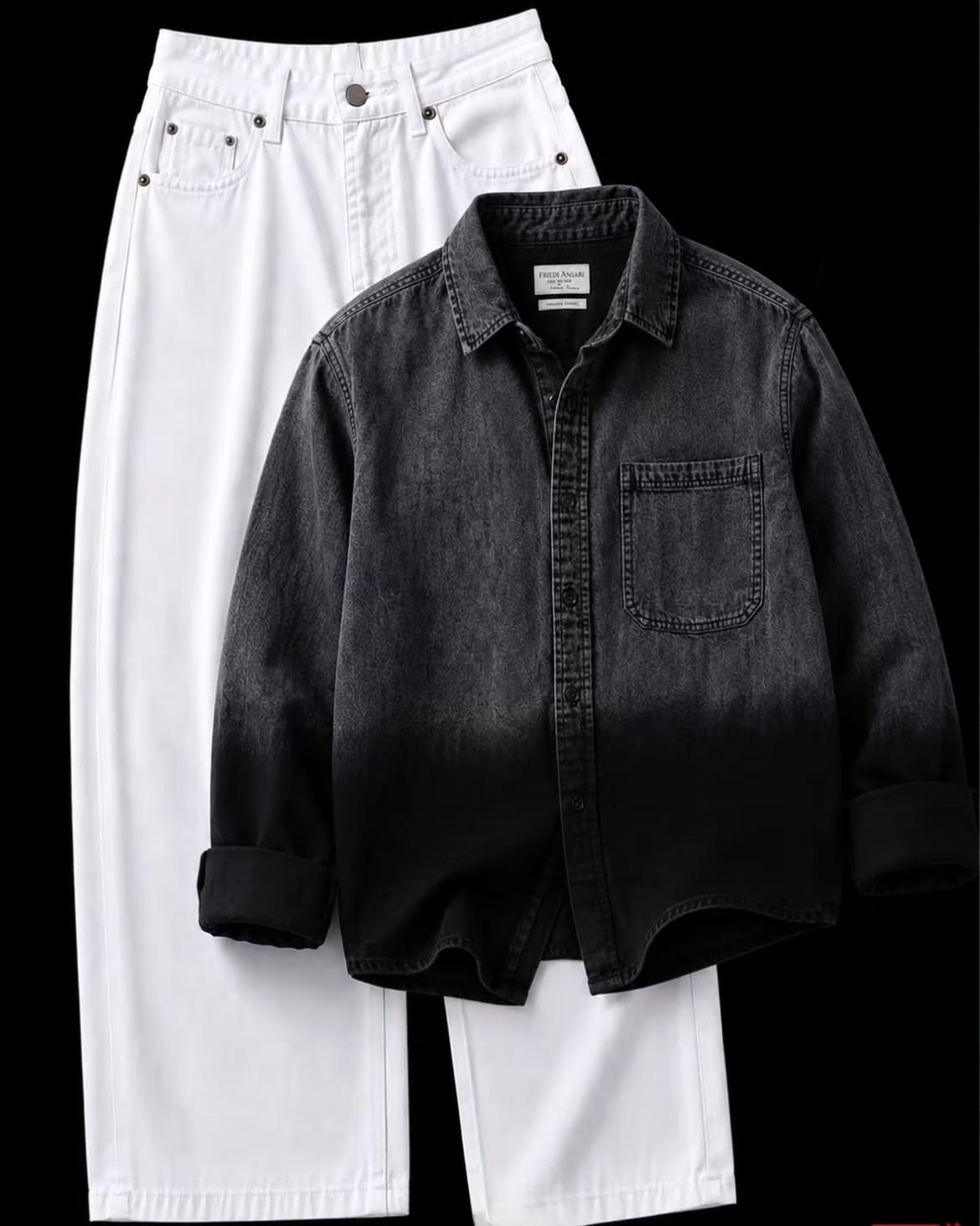 Washed Black Denim Overshirt + White Wide-Leg Jeans