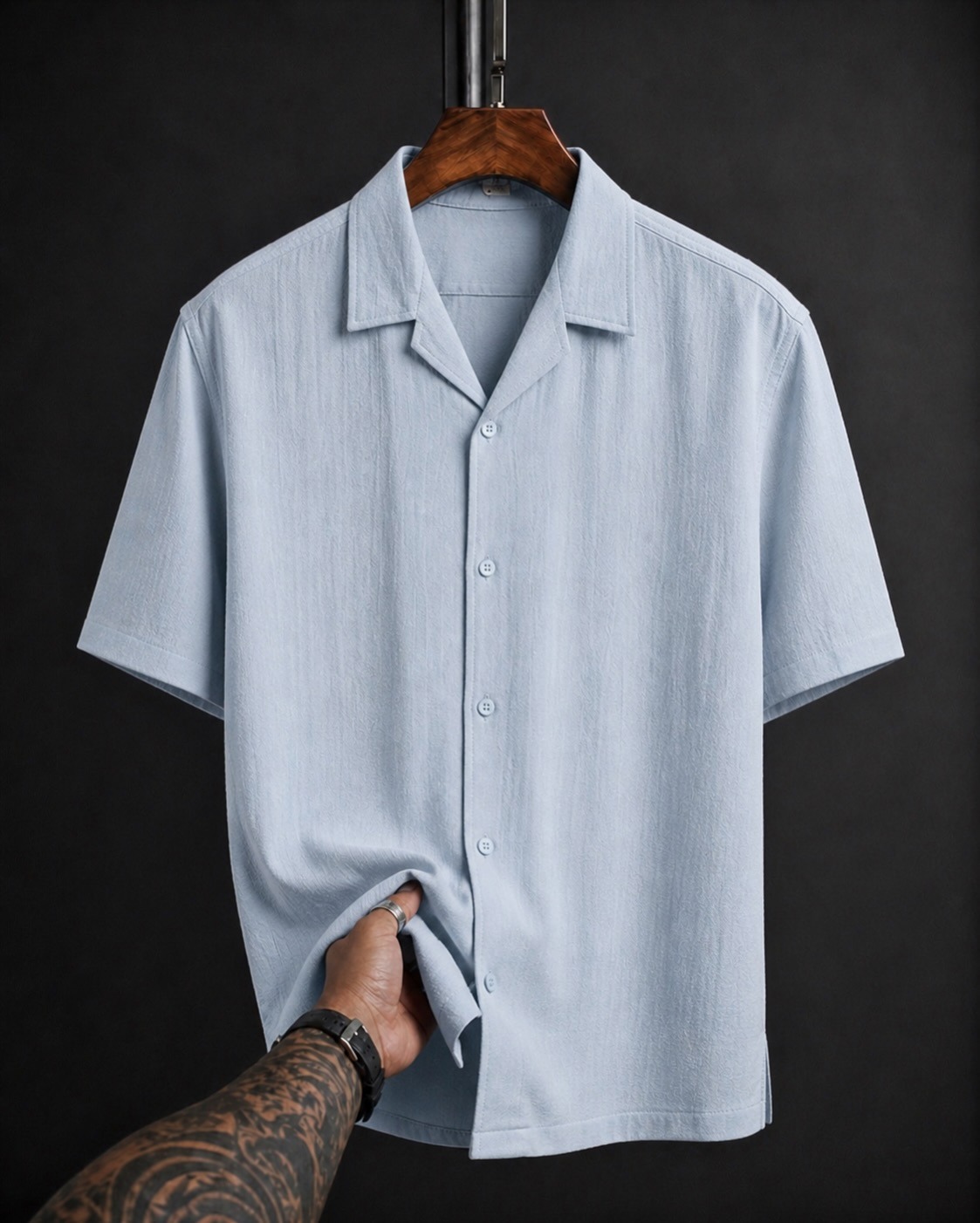 Ice Blue Textured Cuban Collar Half Sleeve Shirt