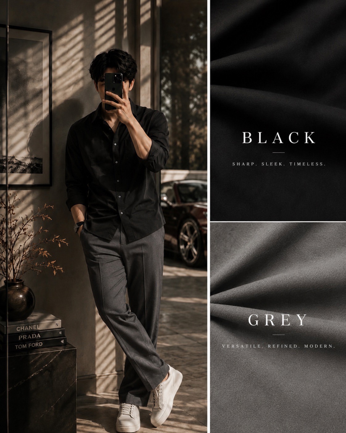 The Monochrome Dark Lookbook Set — Black Oxford Shirt + Grey Wide-Leg Trousers + White Sneakers