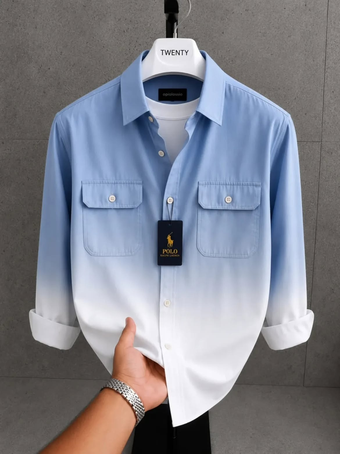 Sky Blue-to-White Ombre Dual Pocket Polo Ralph Lauren Overshirt