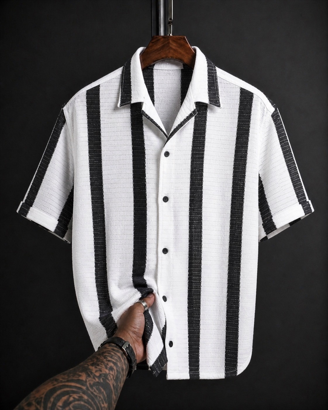  White & Black Textured Bold Stripe Half Sleeve Shirt