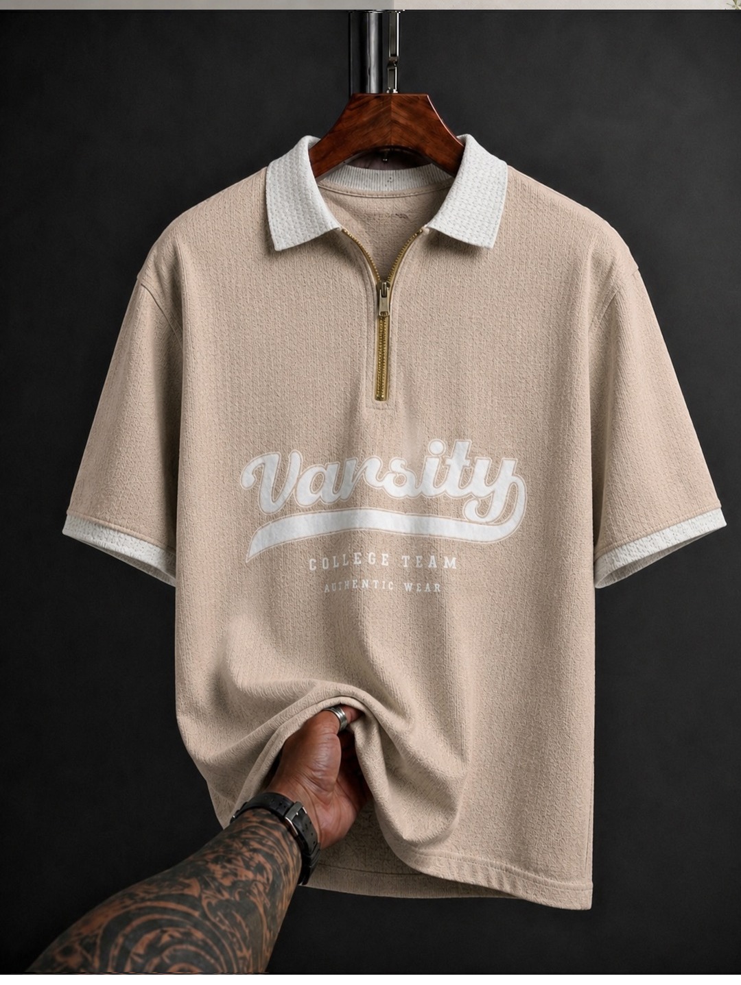  Varsity College Team Zip Polo Tee — Beige