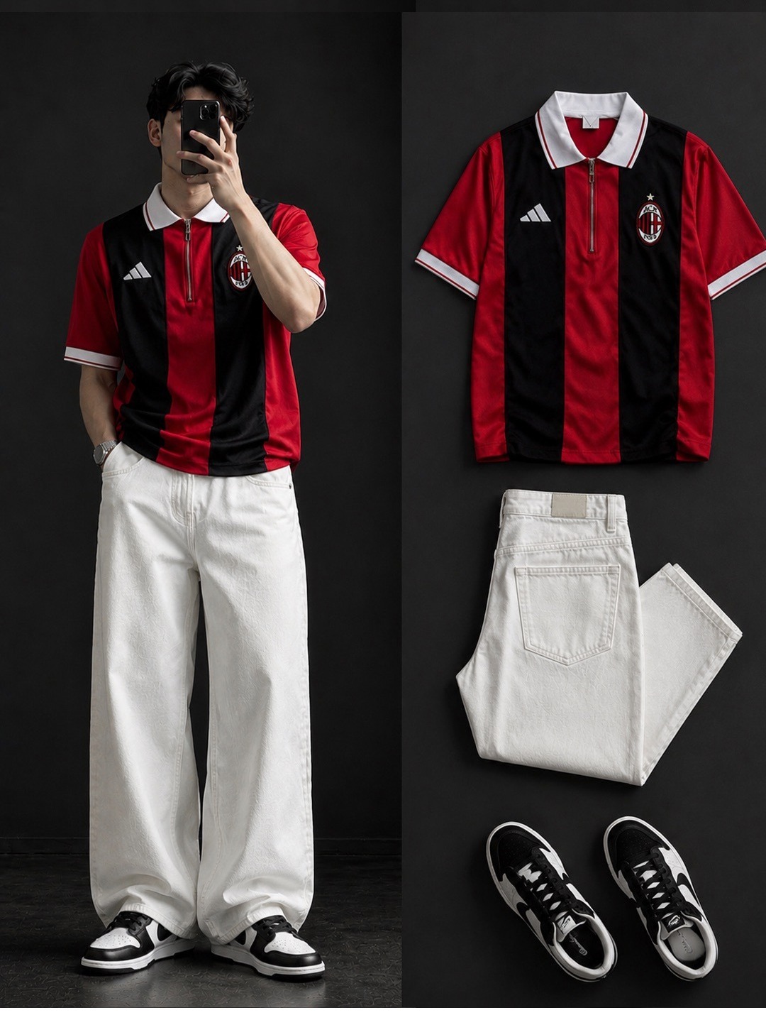AC Milan Stripe Zip Polo + Wide-Leg White Jeans Set