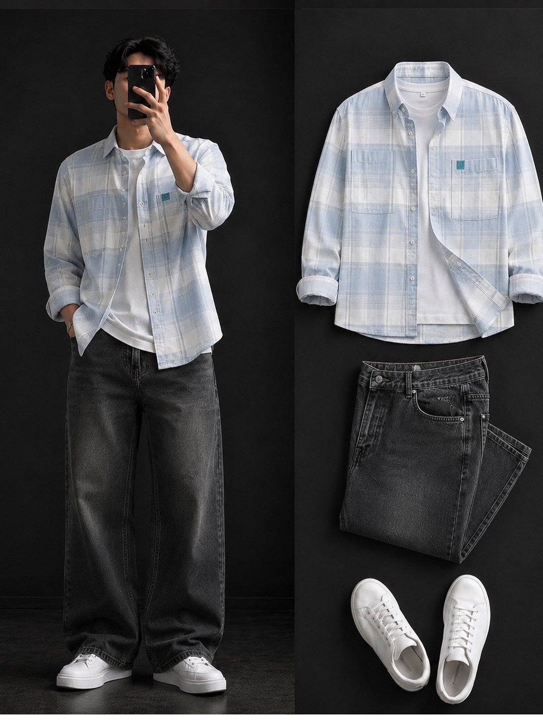  Light Blue Plaid Shirt + Wide-Leg Charcoal Jeans Set