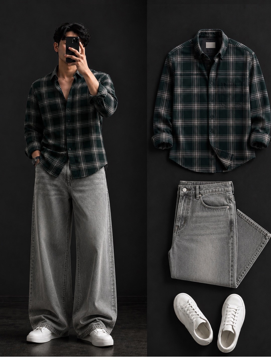 Dark Green Plaid Flannel Shirt + Wide-Leg Grey Jeans Set