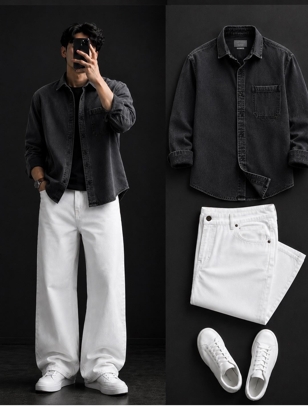Washed Black Denim Overshirt + Wide-Leg White Jeans Set