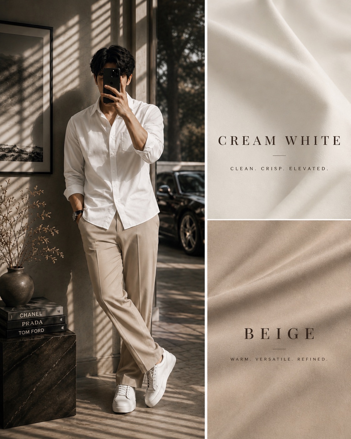 Cream White Oxford Shirt + Beige Wide-Leg Trousers 