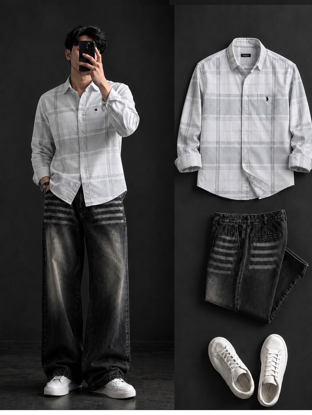 White Grid Plaid Shirt + Wide-Leg Washed Black Jeans Set