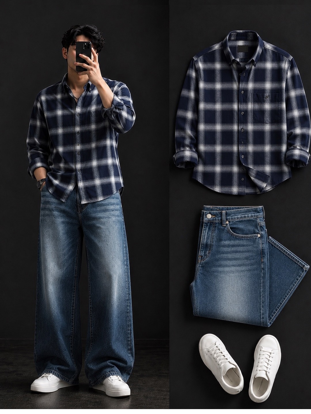 Navy & White Large Plaid Flannel Shirt + Wide-Leg Mid Wash Jeans Set