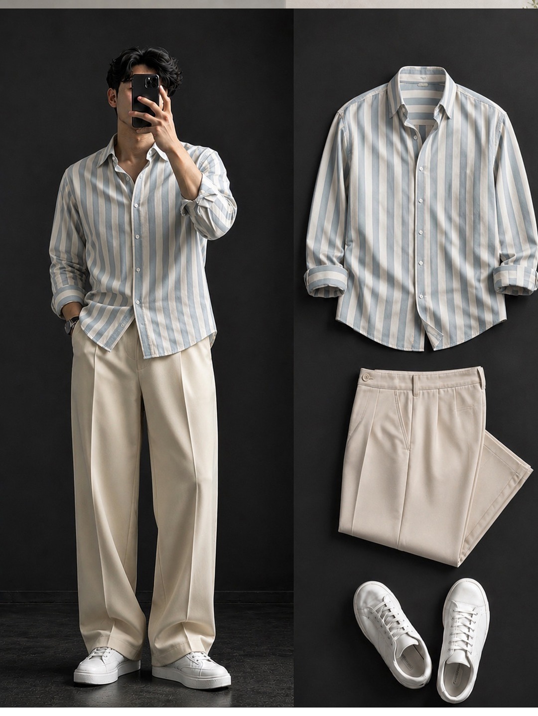 White Pinstripe Shirt + Wide-Leg Light Wash Jeans Set