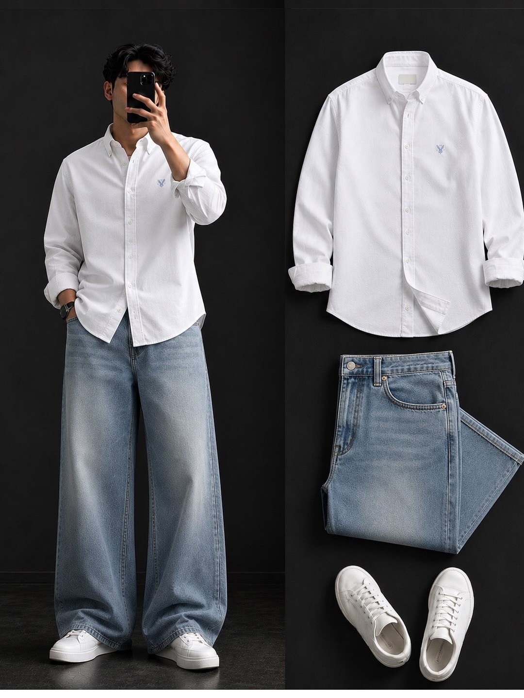  White Oxford Shirt + Wide-Leg Light Wash Jeans Set
