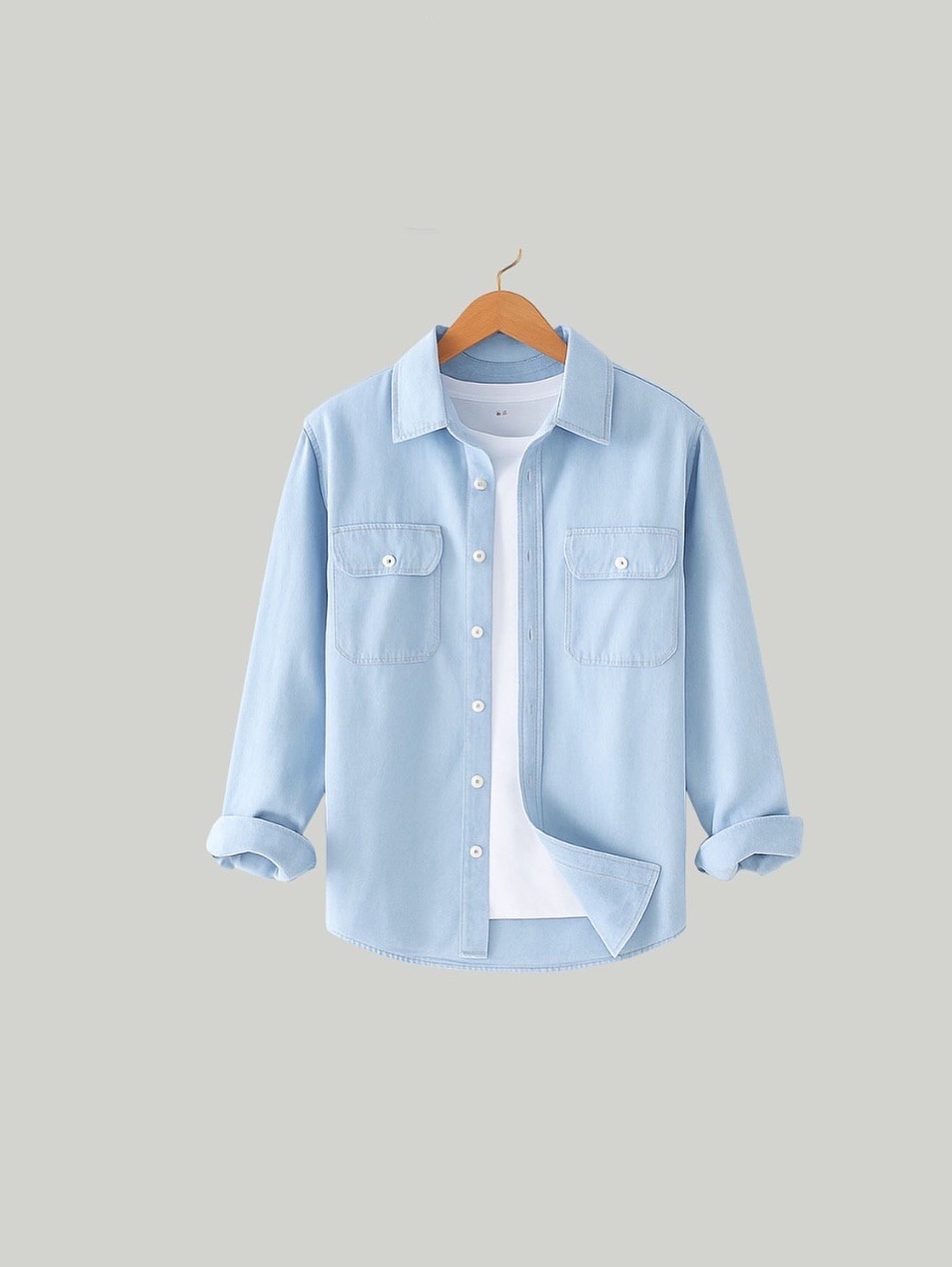 Sky Blue Dual Pocket Snap Button Shacket