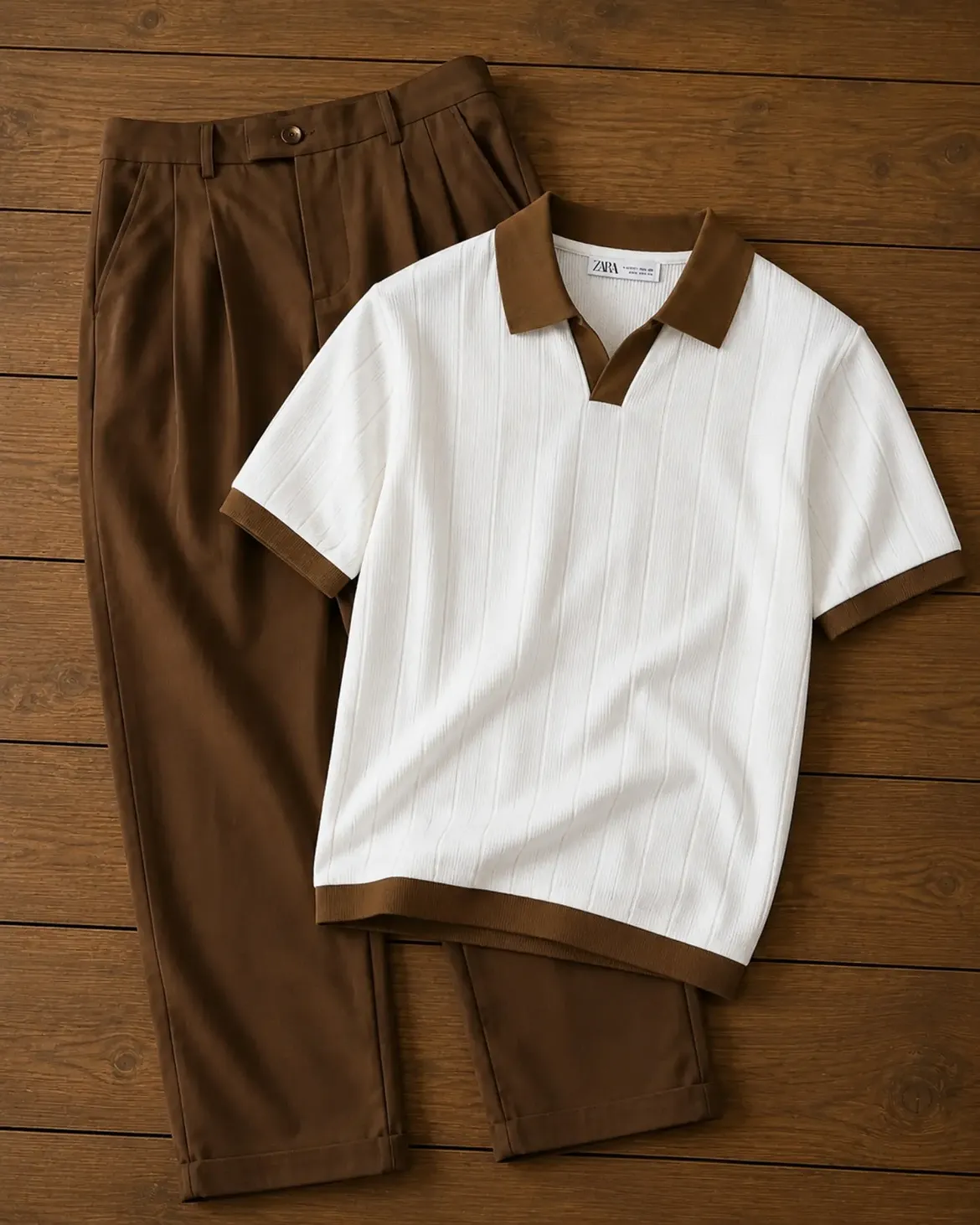 White Vertical Stripe Knit Polo + Tobacco Brown Pleated Wide-Leg Trousers