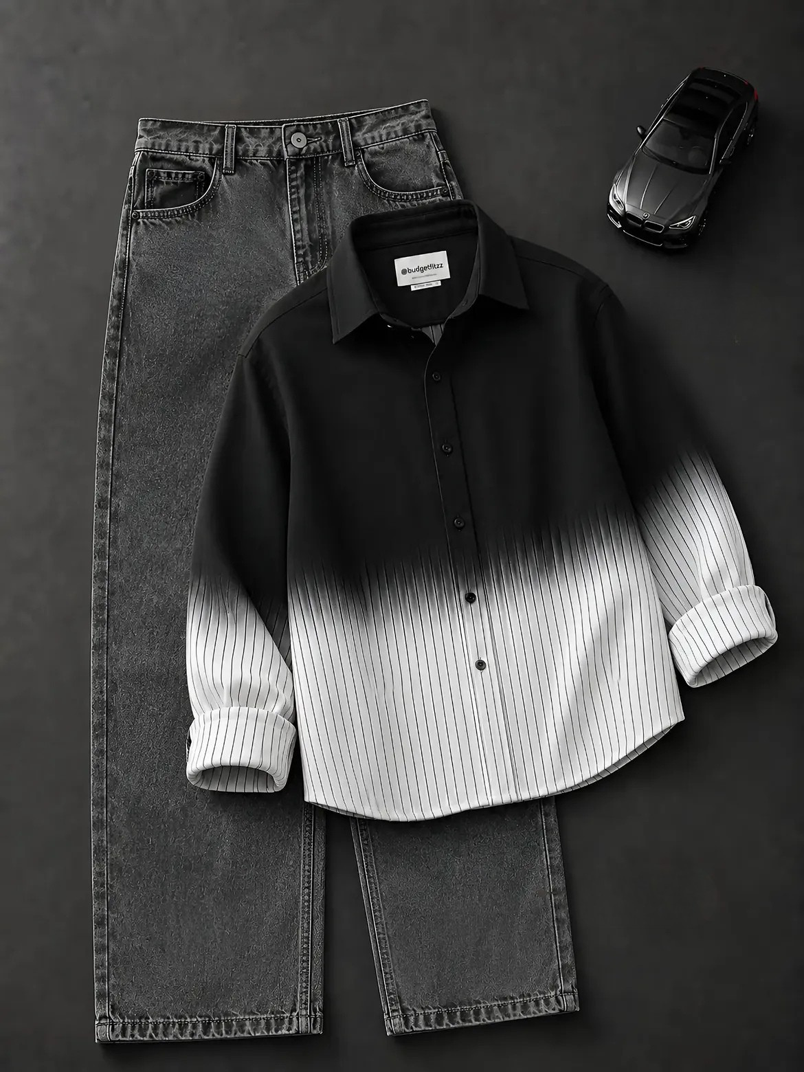 Black-to-White Ombre Pinstripe Shirt + Washed Black Wide-Leg Jeans