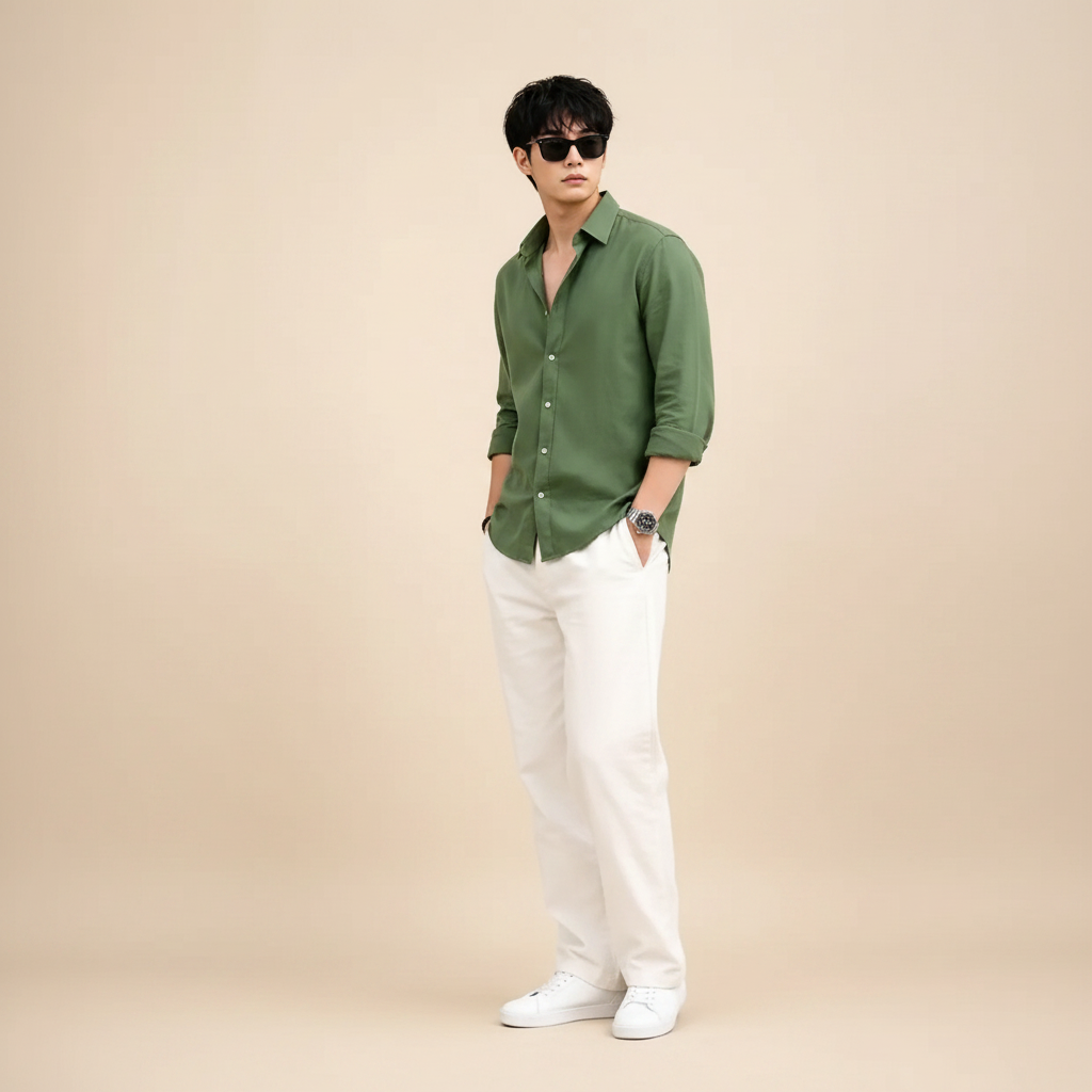 Olive Green Shirt & Wide-Leg Pants Set