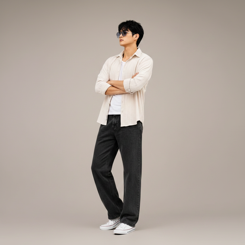 Men's Oversized Cream Textured Shirt – Relaxed Casual Fit