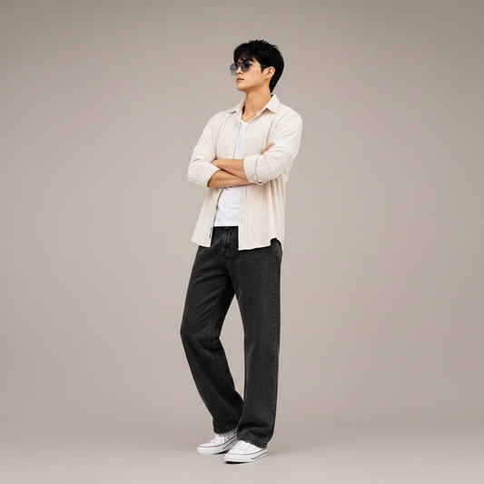 Men's Oversized Cream Textured Shirt – Relaxed Casual Fit