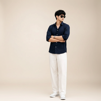 Navy Blue Shirt & Wide-Leg Pants Set