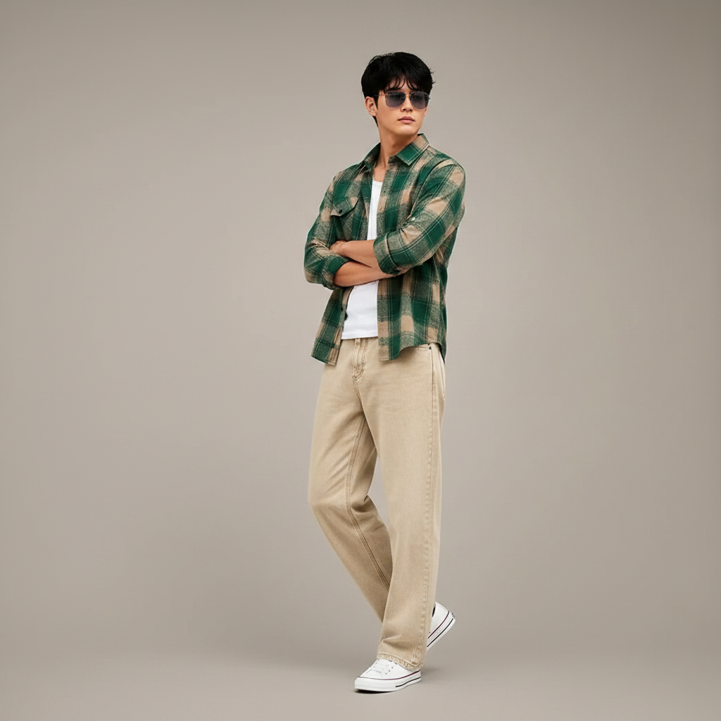Green Plaid Flannel Shirt & Wide-Leg Pants Set