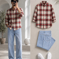 DripXO Plaid Flannel Overshirt – Beige Red Check