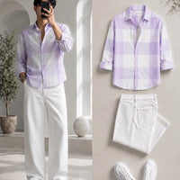 DripXO Lavender Check Shirt – White Wide-Leg Combo