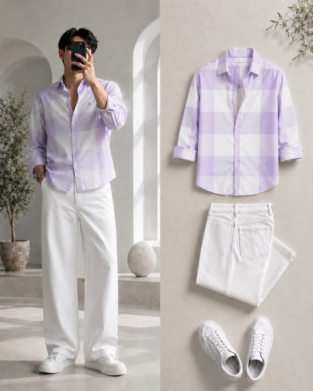 DripXO Lavender Check Shirt – White Wide-Leg Combo