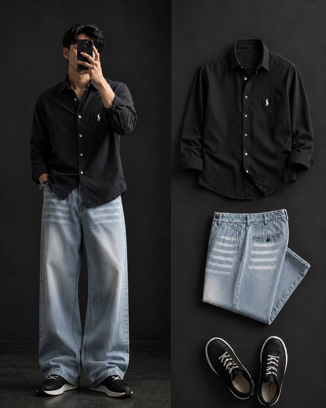 DripXO Black Shirt – Light Blue Wide-Leg Jeans Combo