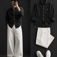 DripXO Black Denim Shirt – White Wide-Leg Jeans Combo