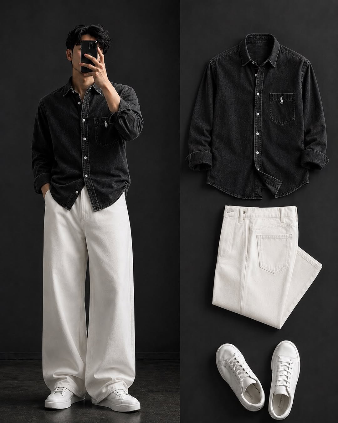 DripXO Black Denim Shirt – White Wide-Leg Jeans Combo