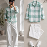 DripXO Mint Check Shirt – White Wide-Leg Jeans Combo